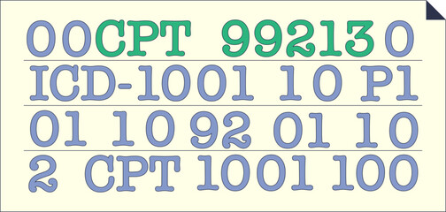 Image of alphanumeric codes representing medical coding systems like CPT and ICD-10.