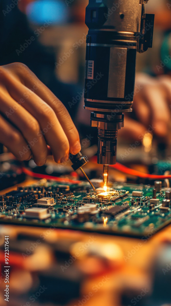 Poster a person is working on a circuit board with a soldering iron. concept of focus and concentration as 