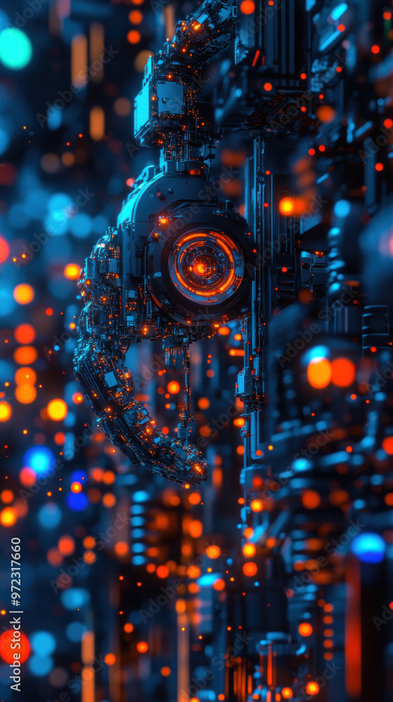 Poster a close up of a robot with a glowing head. the robot is surrounded by a lot of lights, giving the im