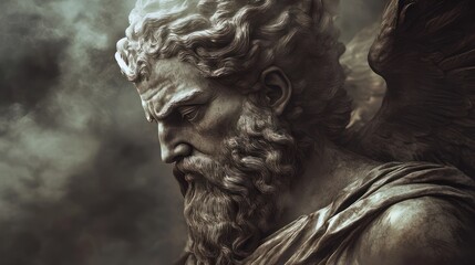 A majestic stone statue of a bearded male figure, exuding strength and wisdom amidst a dramatic smoky background.