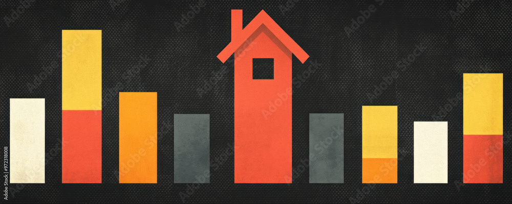 Poster a house is drawn on a black background with a row of bars. the house is red and is the only object i