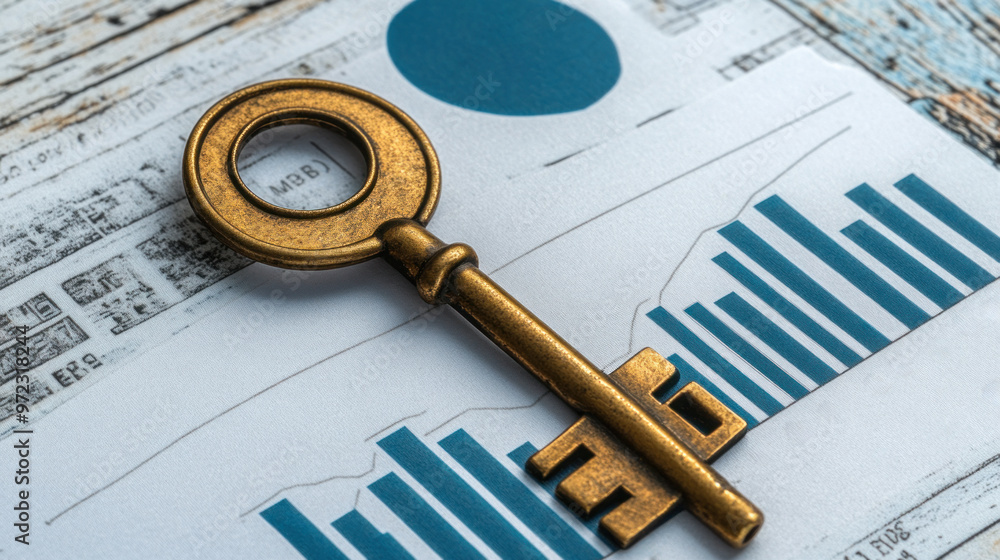Poster a golden key is on top of a piece of paper with graphs. the key is placed in the middle of the paper