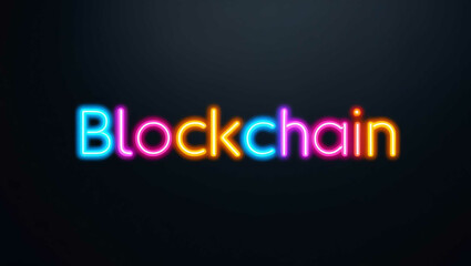 Obraz premium Blockchain colorful neon lettering on plain black dark background