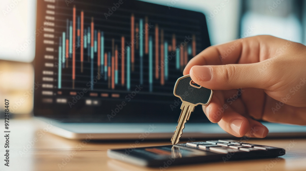 Poster a person is holding a key in front of a laptop with a graph on the screen. the graph shows a downwar