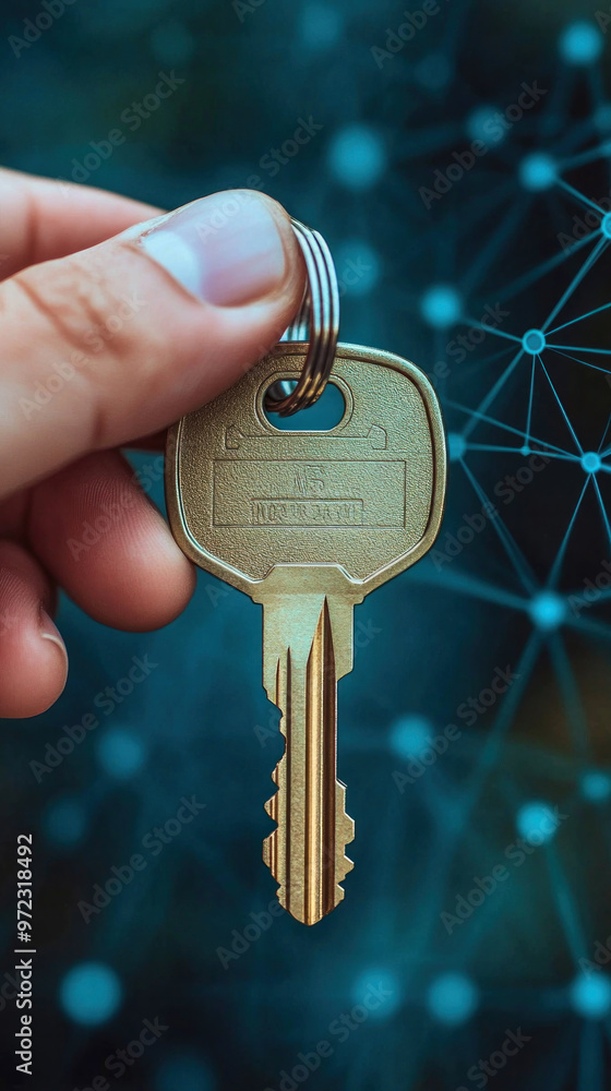 Poster a person is holding a key in their hand. the key is gold and has a small hole in the middle. the ima
