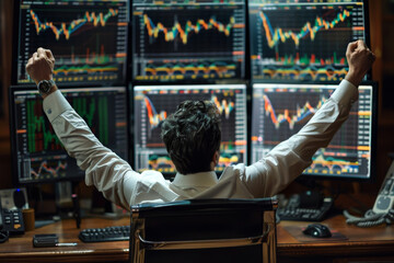 business man congratulations stock trader sitting at a desk in front of computer monitors