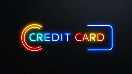 Credit card colorful neon lettering on plain black dark background