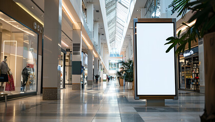 Mock up poster for advertising in the mall on a pole between beautiful boutiques and large windows