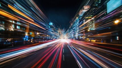 A dynamic night scene capturing light trails from vehicles in a bustling cityscape.