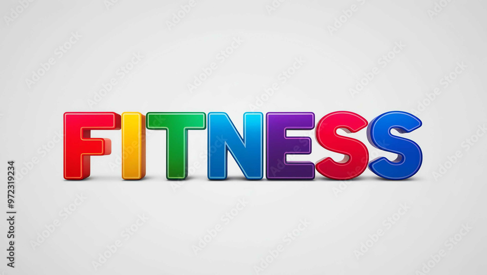 Wall mural fitness word 3d colorful lettering on plain white background