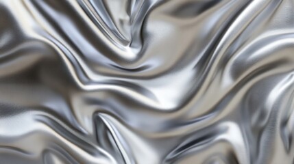 Shimmering silver fabric with elegant waves and folds, creating a dynamic and luxurious texture.
