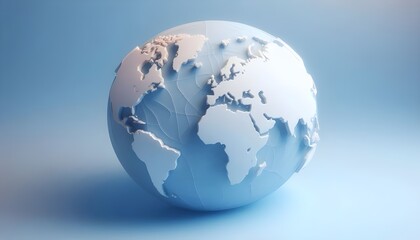 Minimalistic 3D world map on a soft blue gradient background. Simplified earth representation.
