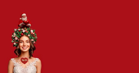 Fototapeta premium Christmas and New Year card concept for sending best wishes. A beautiful smiling girl symbolizes the new year. Her hair is decorated decorations for the Christmas tree. There is also Santa Claus.