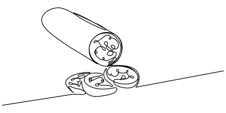 recommend clip art: Salami one line continuous. Salami line art. Hand drawn vector art, Boiled sausage continuous line drawing. One line art of meat products, sausage with fat, semi-finished product.