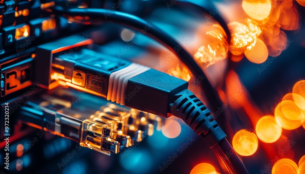 Poster network cable plugged into a device with bokeh lights