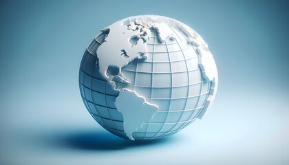 Minimalistic 3D world map on a soft blue gradient background. Simplified earth representation.