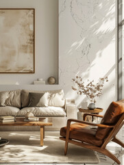 White Living room wall mockup in bright tones with leather sofa and leather armchair