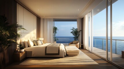 A luxurious bedroom with a large window overlooking the ocean.