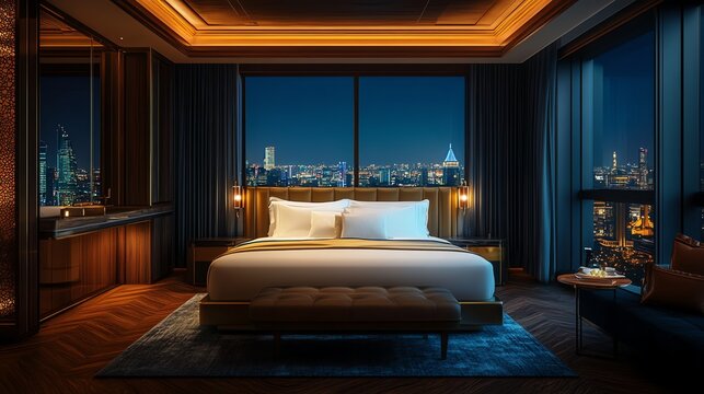 A luxurious hotel bedroom with a king-size bed, a large window overlooking a city skyline at night, and a plush armchair.