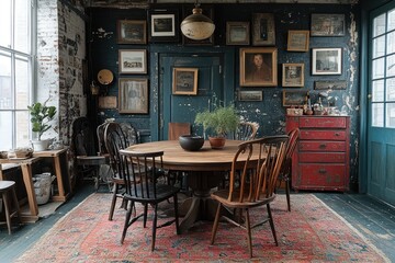 Naklejka premium Cozy dining area with a rustic table and vintage decor.