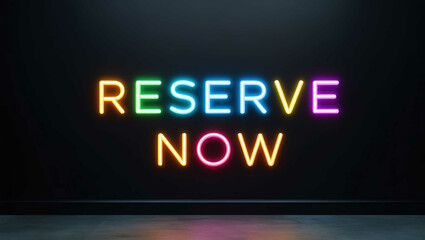 Obraz premium Reserve now colorful neon lettering on plain black dark background