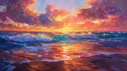painting of a sunset over the ocean with a wave in the foreground
