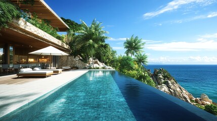 Fototapeta premium Luxurious poolside view with infinity pool overlooking the ocean and tropical landscape.