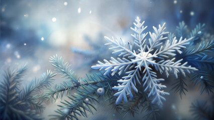 Close-up of a snowflake resting on evergreen branches in a winter wonderland