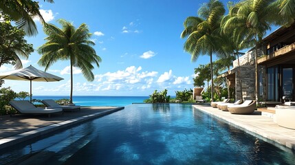 Luxury tropical villa with a swimming pool overlooking the ocean.