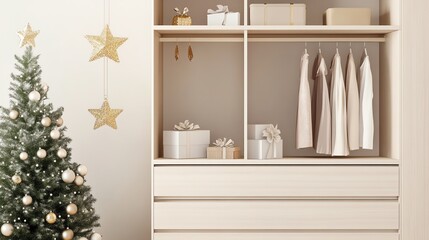 Decorated Christmas Tree and White Closet with Gifts and Clothes