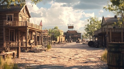 Obraz premium A picturesque view of a rustic Western town with wooden buildings and a dirt road.