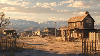 A serene old western town at sunset, showcasing rustic buildings and a mountainous backdrop.