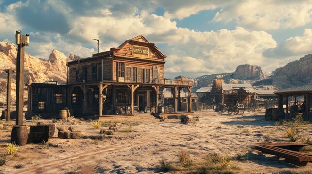 A picturesque old western town with wooden buildings and a dusty landscape.