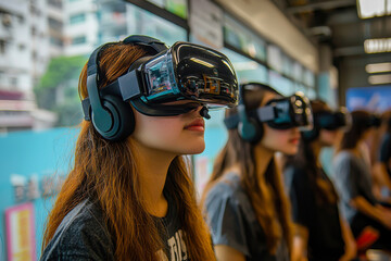 realistic photo of a modern modern education, students use VR gadgets to study