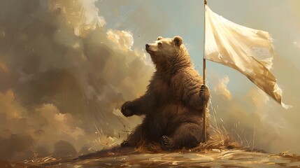 Obraz premium Bear with White Flag: A large bear sitting on its hind legs, holding a white flag in one paw. 