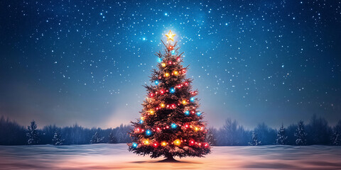 A magical scene of a Christmas tree decorated with colorful lights on snow with a starry sky