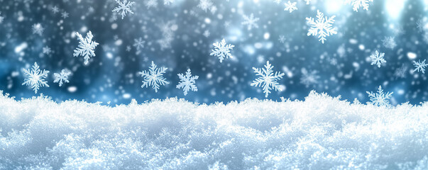 Delicate snowflakes gracefully falling against a serene blue background