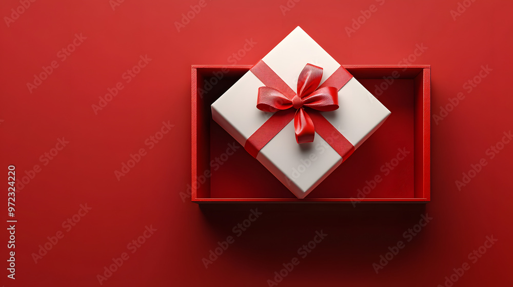Poster blank white gift box open or top view of white present box tied with red ribbon bow isolated on dark