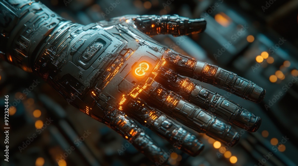 Poster futuristic robotic hand with glowing circuitry and intricate design.
