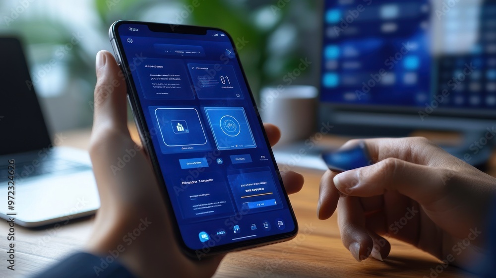 Poster a person using a smartphone with a modern app interface displayed.