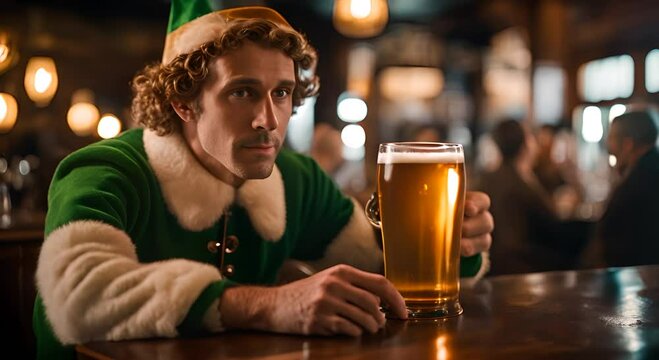 Elf with a pint of beer in a pub.