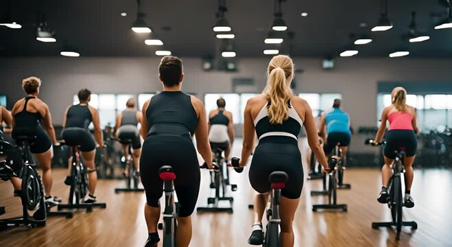 People in a bicycle class at the gym. Spinning.