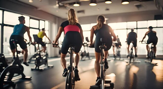 People in a bicycle class at the gym. Spinning.