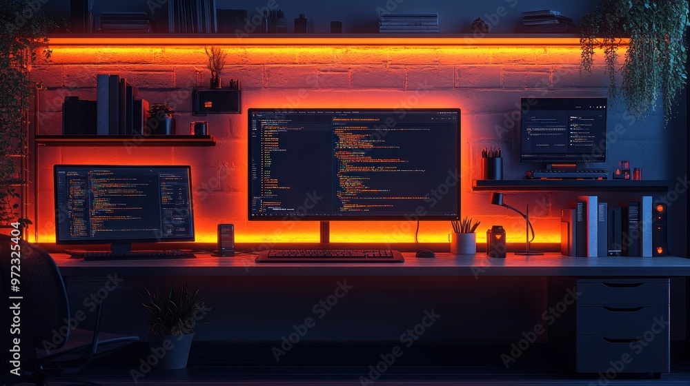 Poster a modern workspace with dual monitors, coding, and ambient lighting.