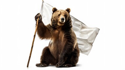Bear with White Flag: A large bear sitting on its hind legs, holding a white flag in one paw.
