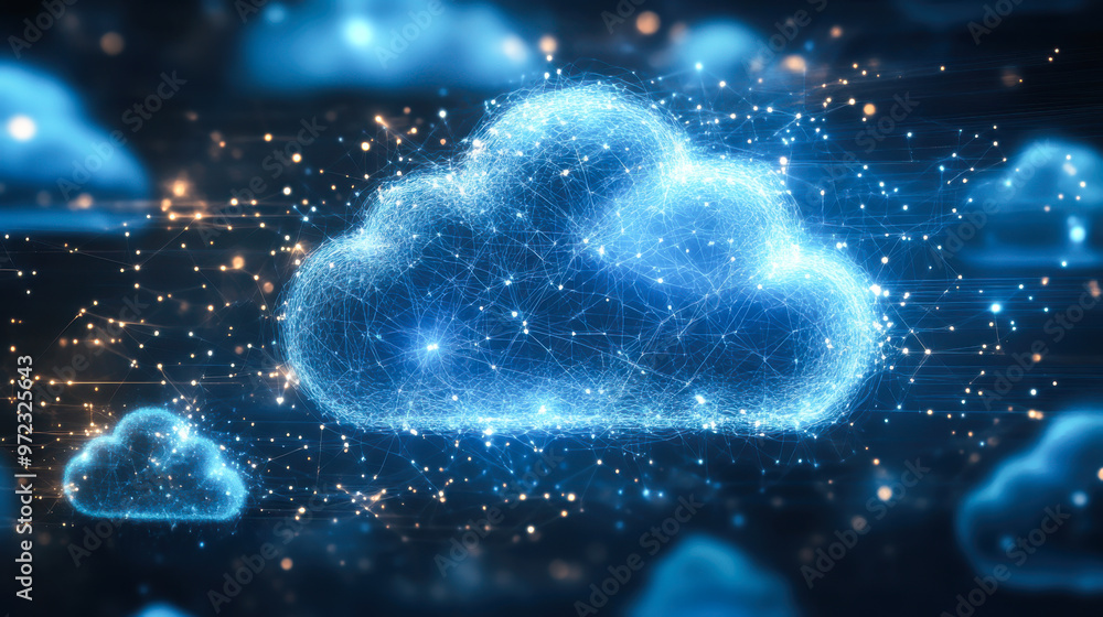 Poster cloud computing. the data transfer and storage concept has a cloud in the middle connected to a whit