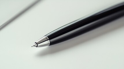 Close-up of a black luxury pen on a white surface, featuring fine details and sleek lines.