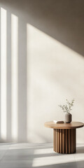 Modern empty room with a window providing natural lighting whilst casting shadows and minimal furniture. Minimalist interior design composition with copyspace.