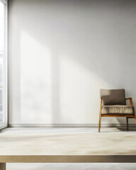 Modern empty room with a window providing natural lighting whilst casting shadows and minimal furniture. Minimalist interior design composition with copyspace.