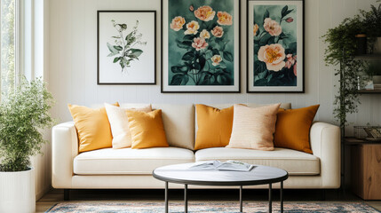 Elegant living room with comfortable sofa. Interior design